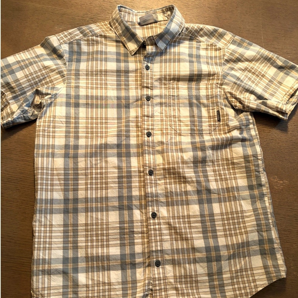 Columbia Mens Regular Fit Short Sleeve Plaid Button Down Shirt Tan Grey Large